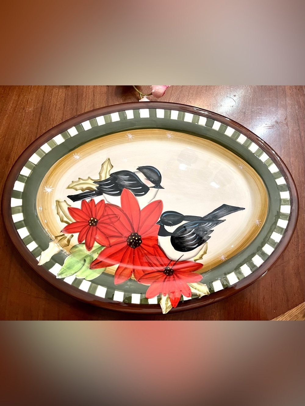 VTG Pfaltzgraff Woodland Oval Serving Platter 15" - Chickadees & Poinsettias